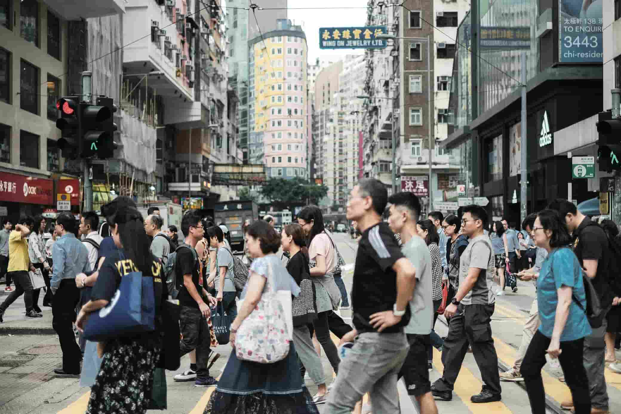 Crowd at a crosswalk in Hong Kong
